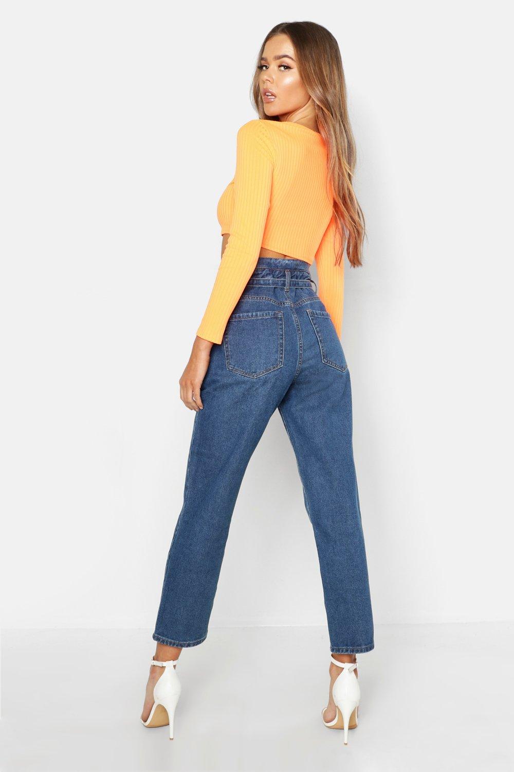 Mid wash high waist 2024 paper bag boyfriend jeans